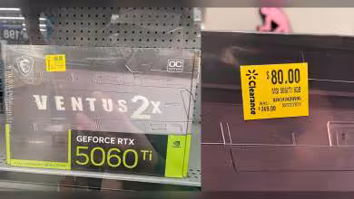 Carte graphique MSI Ventus 2X GeForce RTX 5060 Ti avec étiquette de prix en promotion de Walmart.