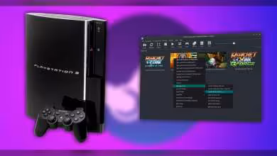 Console PS3 avec manette et interface RPCS3, fond violet contrasté