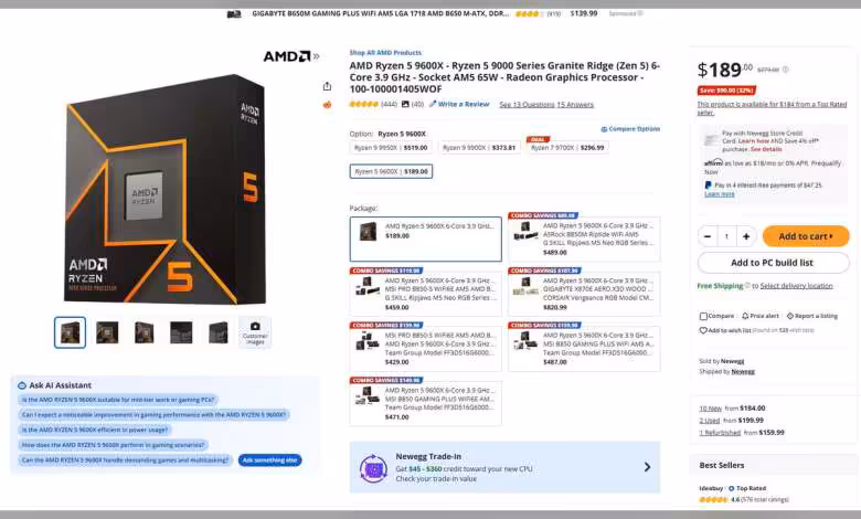 Ryzen 5 9600X : baisse à 190 $ face au Core Ultra 5 250K Plus, pression sur le milieu de gamme 1 Boîte du processeur AMD Ryzen 5 9600X affichée sur une page de vente en ligne