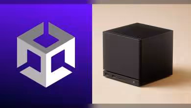 Logo Unity à gauche et petit boîtier informatique noir à droite sur fond beige.