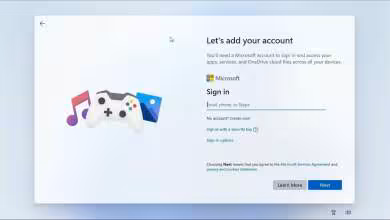 Capture d'écran Windows 11 avec écran de connexion demandant compte Microsoft, icône manette et musique.
