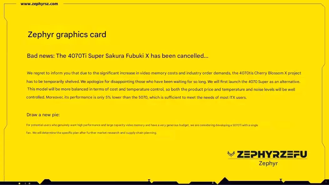 Capture écran texte annonce annulation Zephyr 4070Ti Super fond jaune.