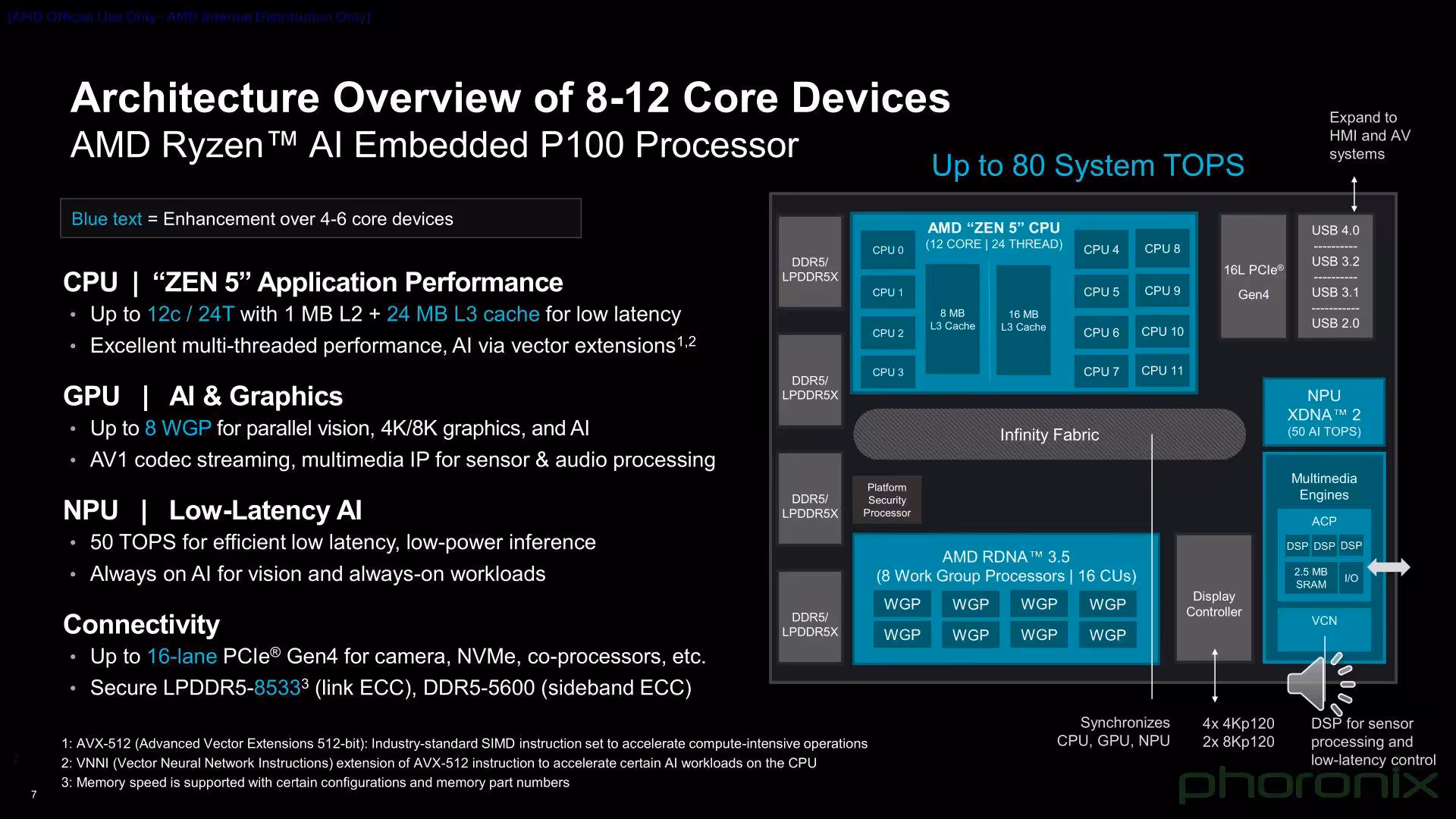 Diagramme architecture AMD Ryzen P100, détails techniques fond noir.