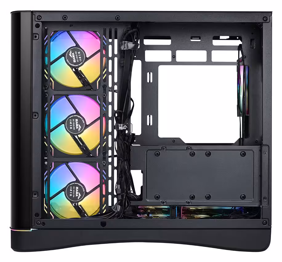 Vue latérale du boîtier SAMA V62 noir montrant trois ventilateurs RGB