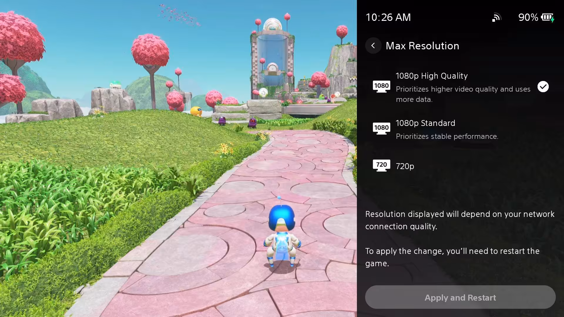 PlayStation Portal : mode 1080p High Quality et refonte cloud dès le 18 mars 2 Capture d'écran jeu vidéo résolution Ultra HD avec options réglages, textes lisibles, environnement coloré