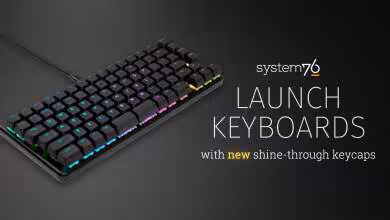 Clavier System76 Launch avec touches RGB et logo sur fond noir.