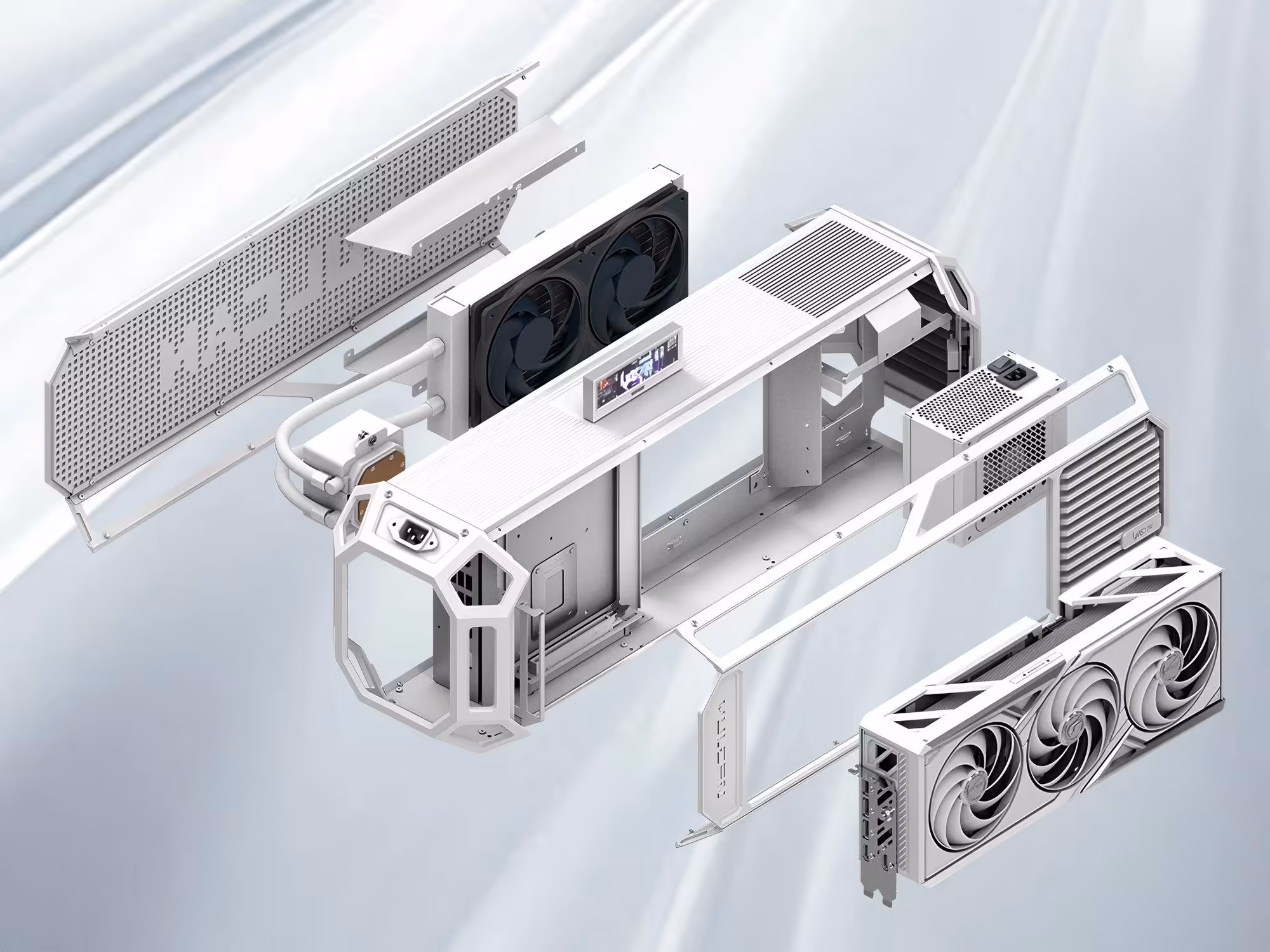 Rendu 3D boîtier Vulcan éclaté, deux ventilateurs, fond clair et GeForce RTX 50