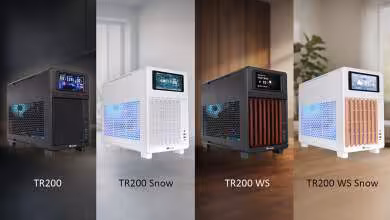 Variantes du châssis micro Thermaltake TR200 en blanc et noir, Snow et WS