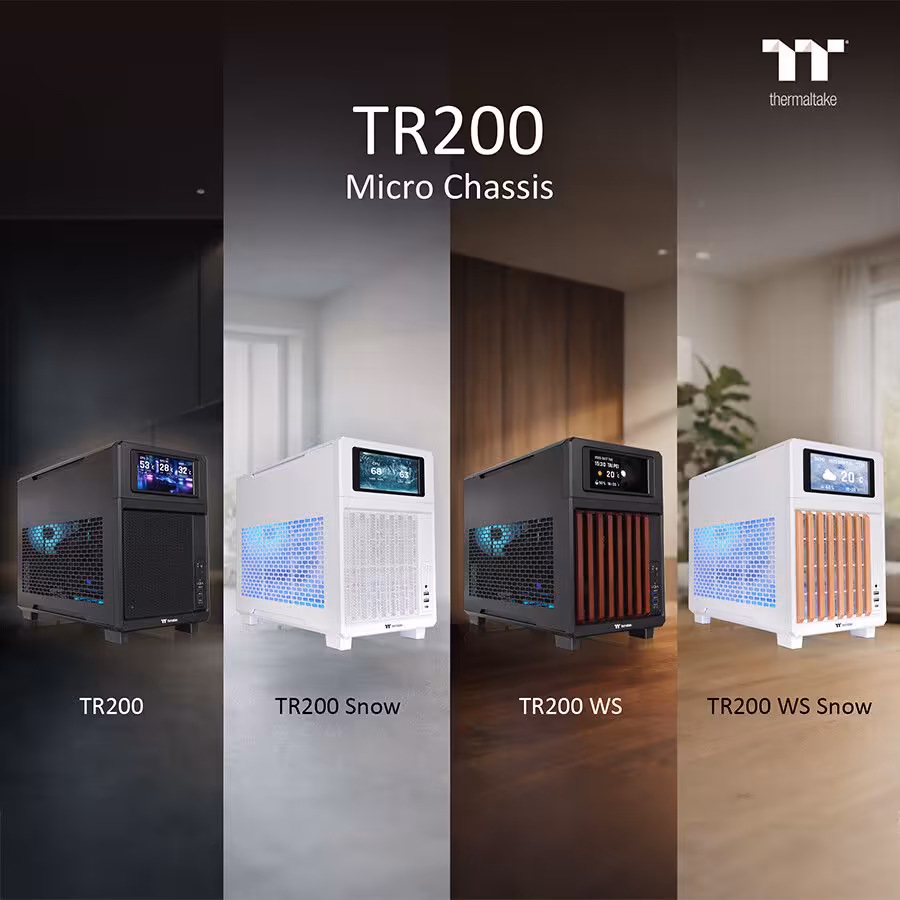 Variantes du châssis micro Thermaltake TR200 en blanc et noir, Snow et WS