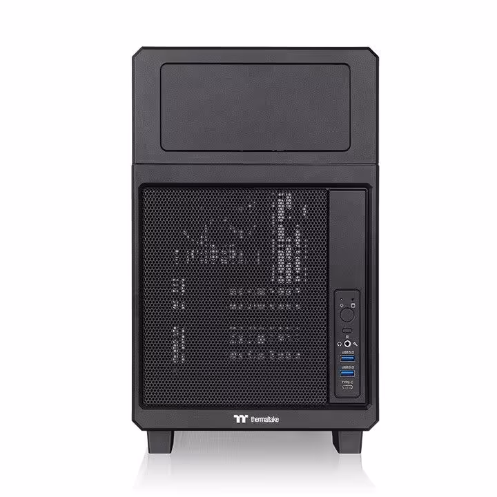 Face avant du châssis Thermaltake TR200 noir montrant les ports USB