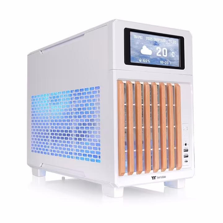 Châssis Thermaltake TR200 WS blanc avec panneaux à lamelles marron