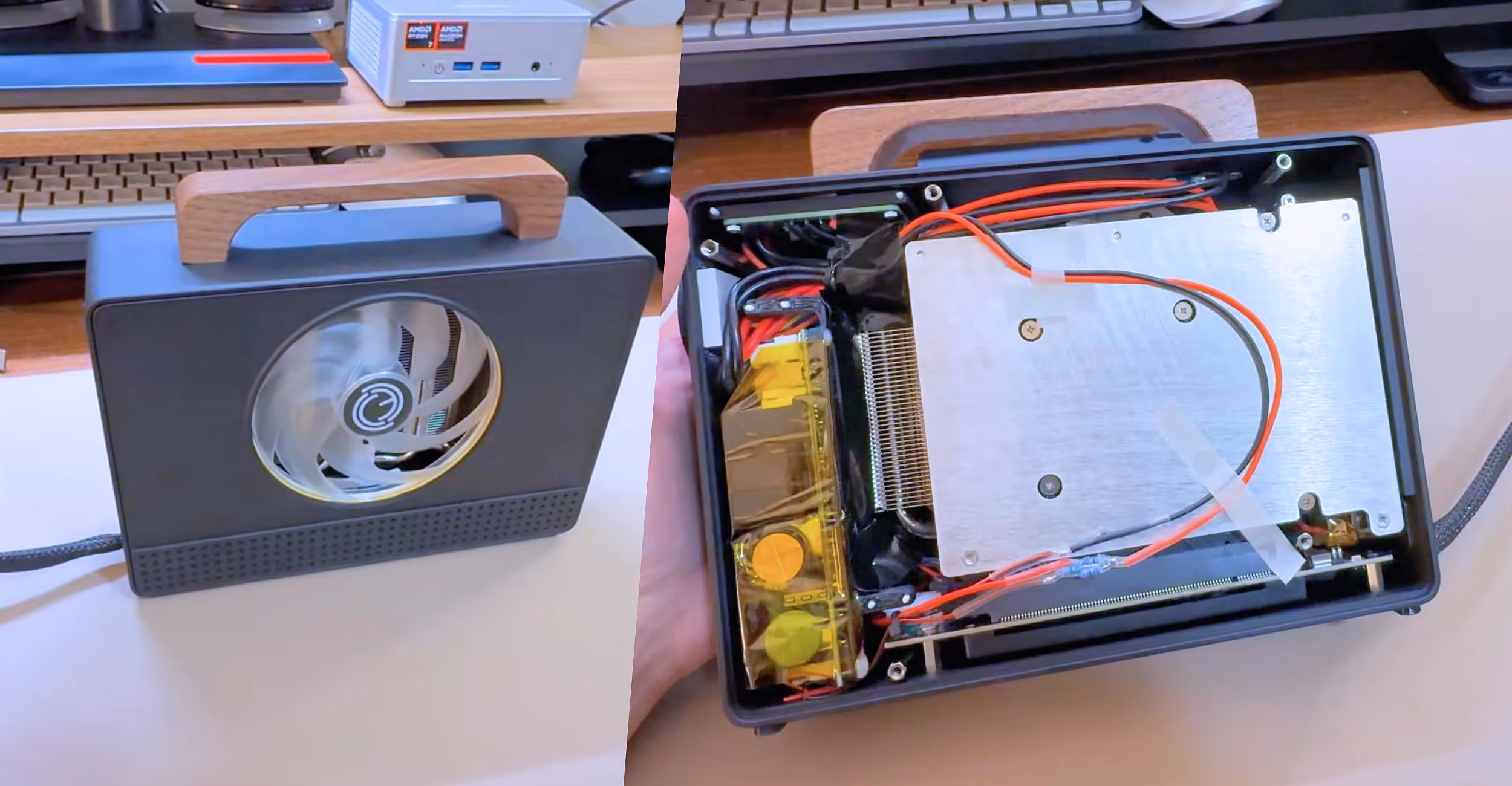 Deux vues détaillées d'une eGPU avec composants internes et ventilateur apparent.