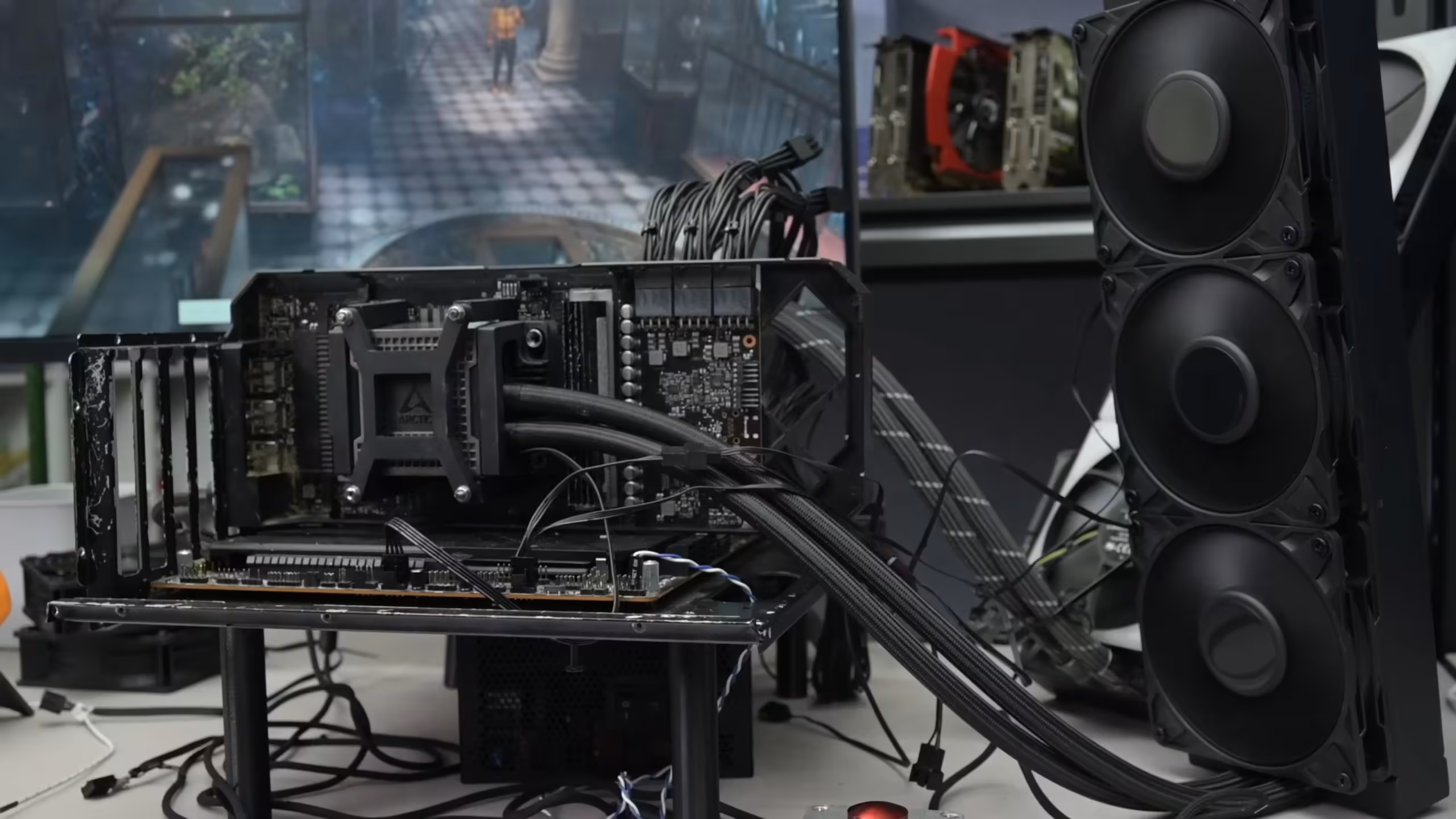 Setup GPU avec système de refroidissement externe, ambiance banc d’essai