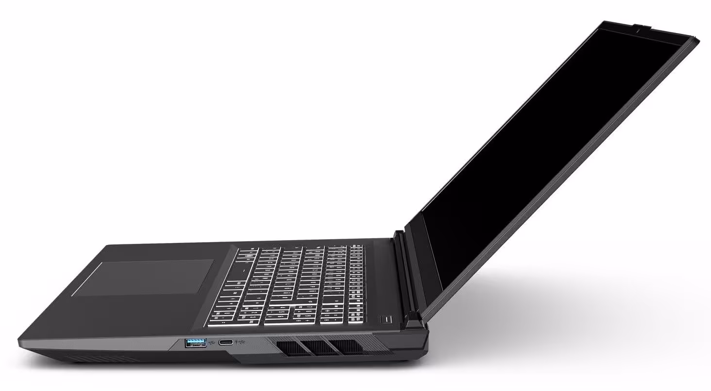 Tuxedo Gemini 17 AMD : Ryzen 9 9955HX, RTX 5060 et QHD 240 Hz dans un 17,3” Linux 5 Tuxedo Gemini 17 ouvert latéralement, clavier et ports visibles