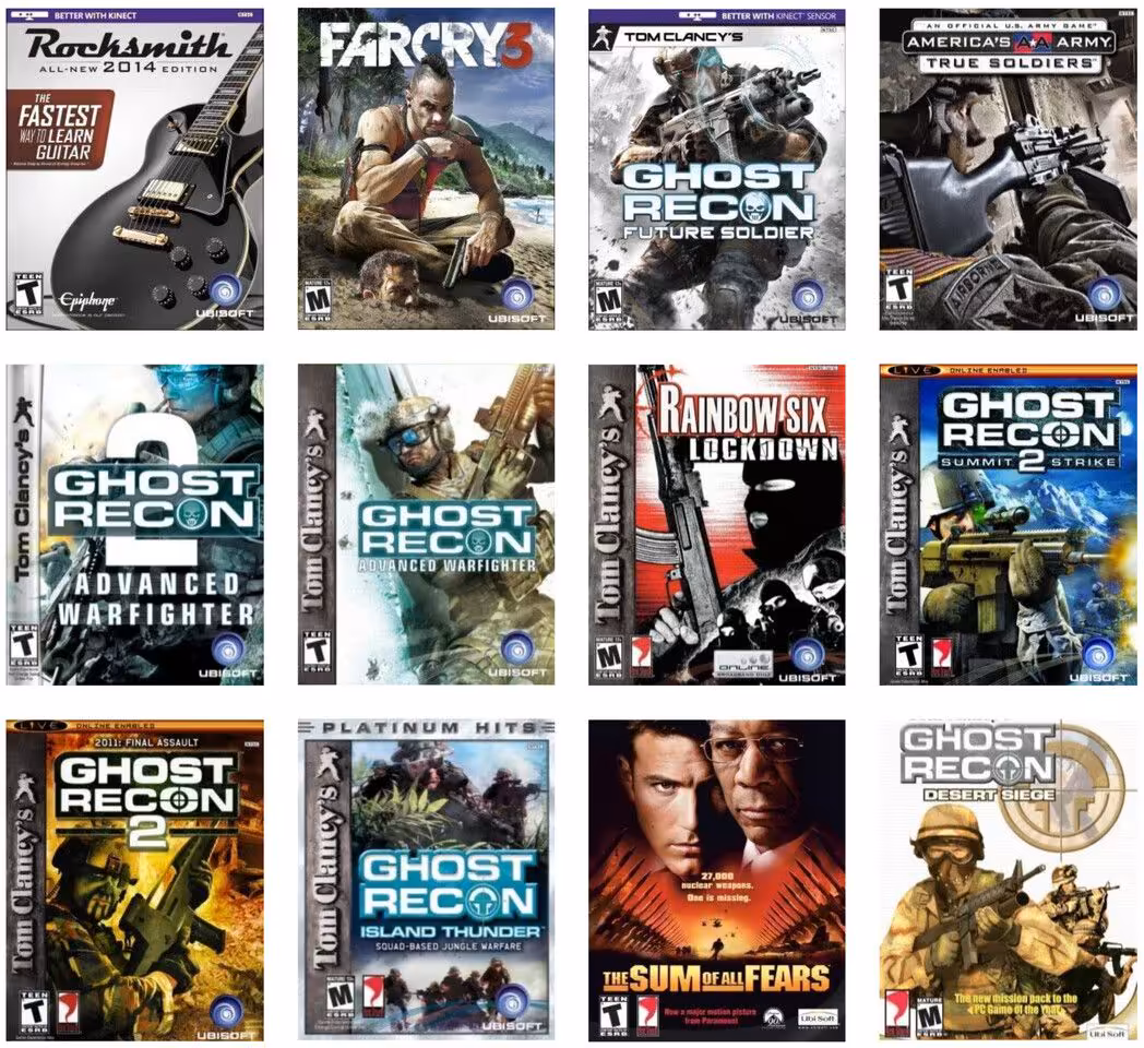 Ubisoft réduit ses coûts : Red Storm passe en support et 105 postes supprimés 2 Montage de jaquettes de jeux vidéo Ubisoft, dont Ghost Recon et Far Cry 3