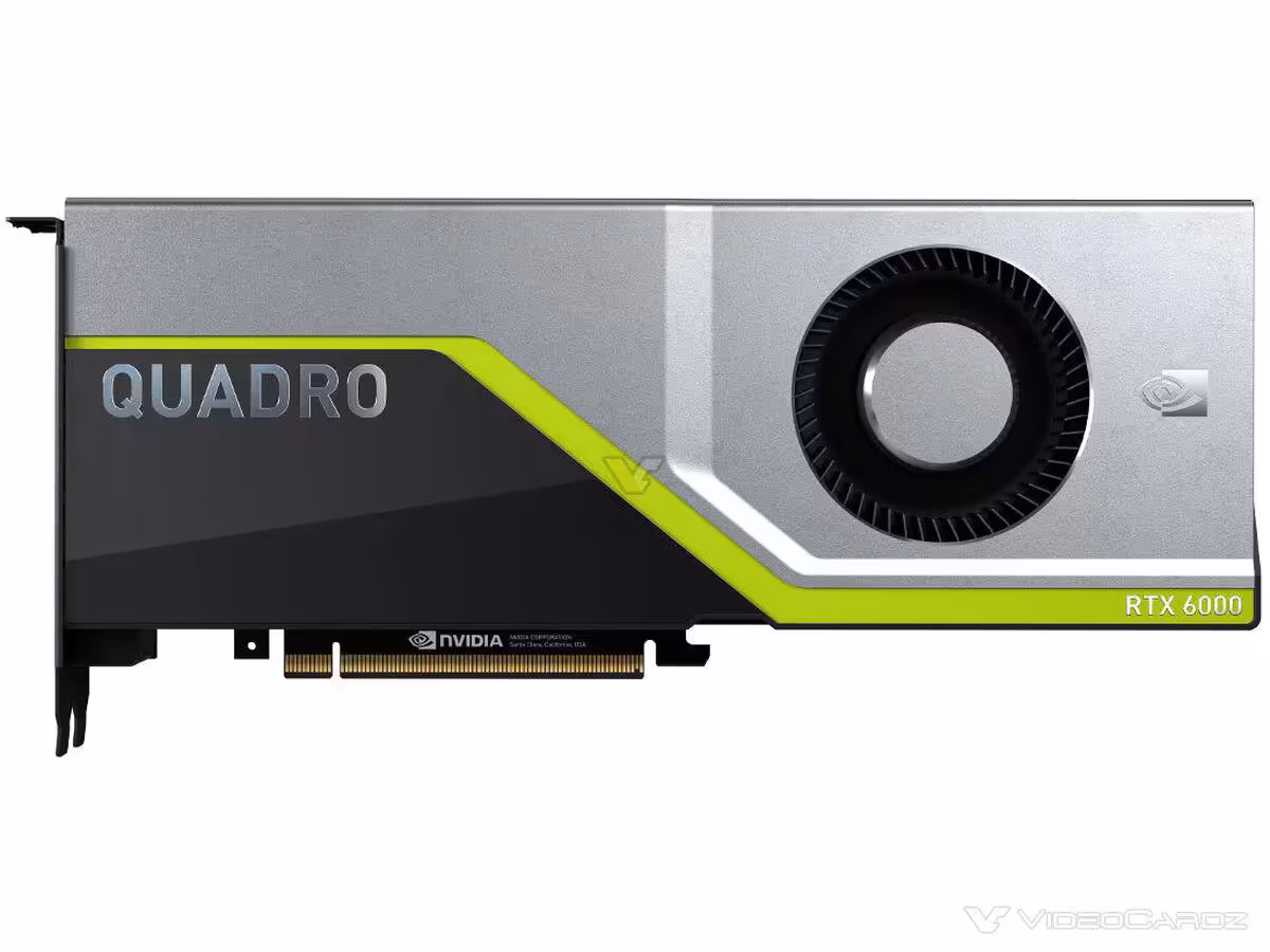 Image NVIDIA RTX 6000 Quadro, rendu 3D, fond blanc, couleurs vives, contrastée