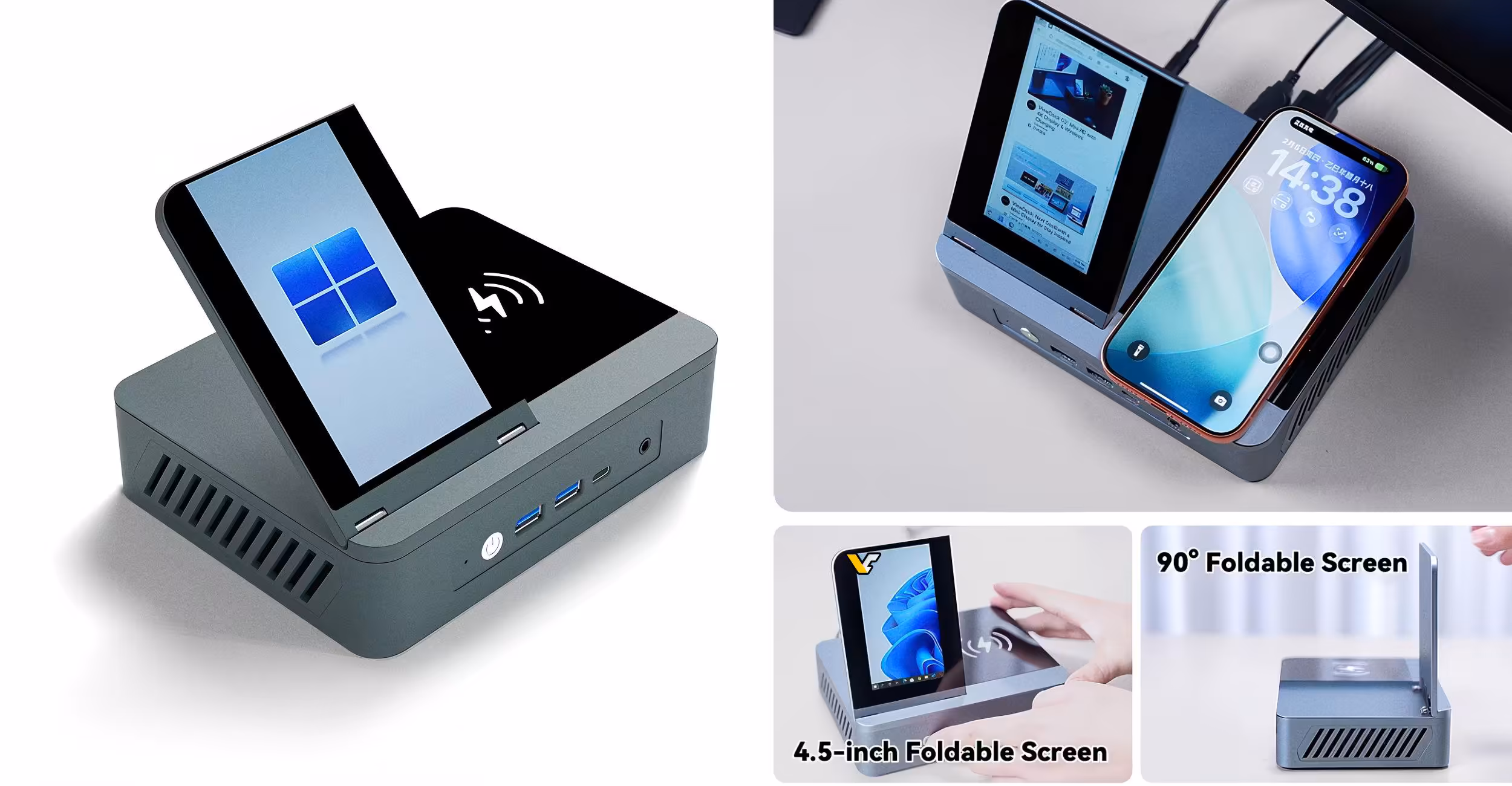 ViewDock G2 : mini‑PC AMD Ryzen avec écran vertical 4,5" et charge Qi 15 W 2 Montage de plusieurs mini-PC avec écran pliable et téléphone connecté, ambiance claire.
