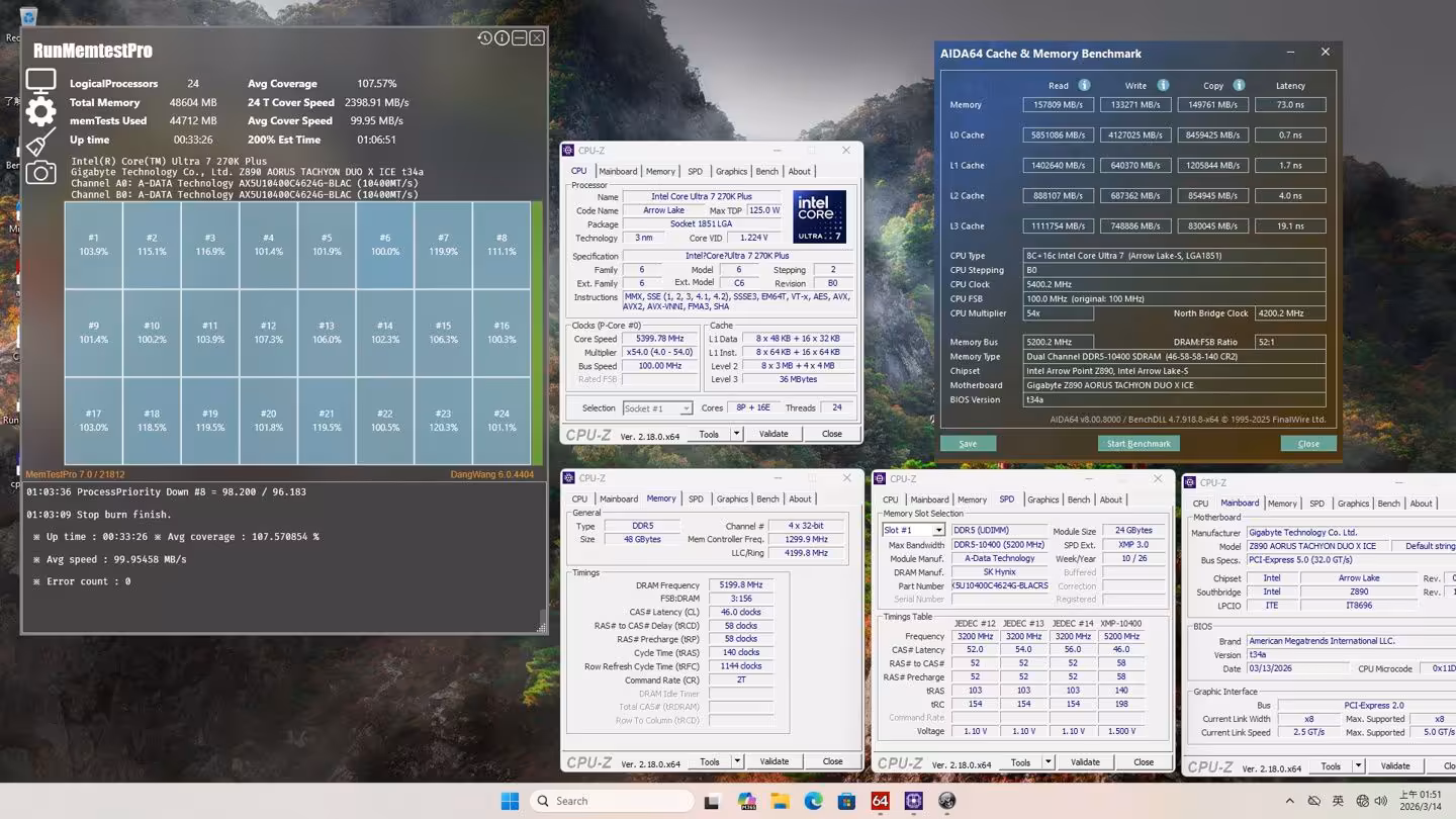 GIGABYTE Z890 AORUS TACHYON DUO X ICE : DDR5 à 10400 MT/s et CQDIMM 2 Capture d'écran de performances de la RAM DDR5 avec logiciel d'overclocking et statistiques techniques.