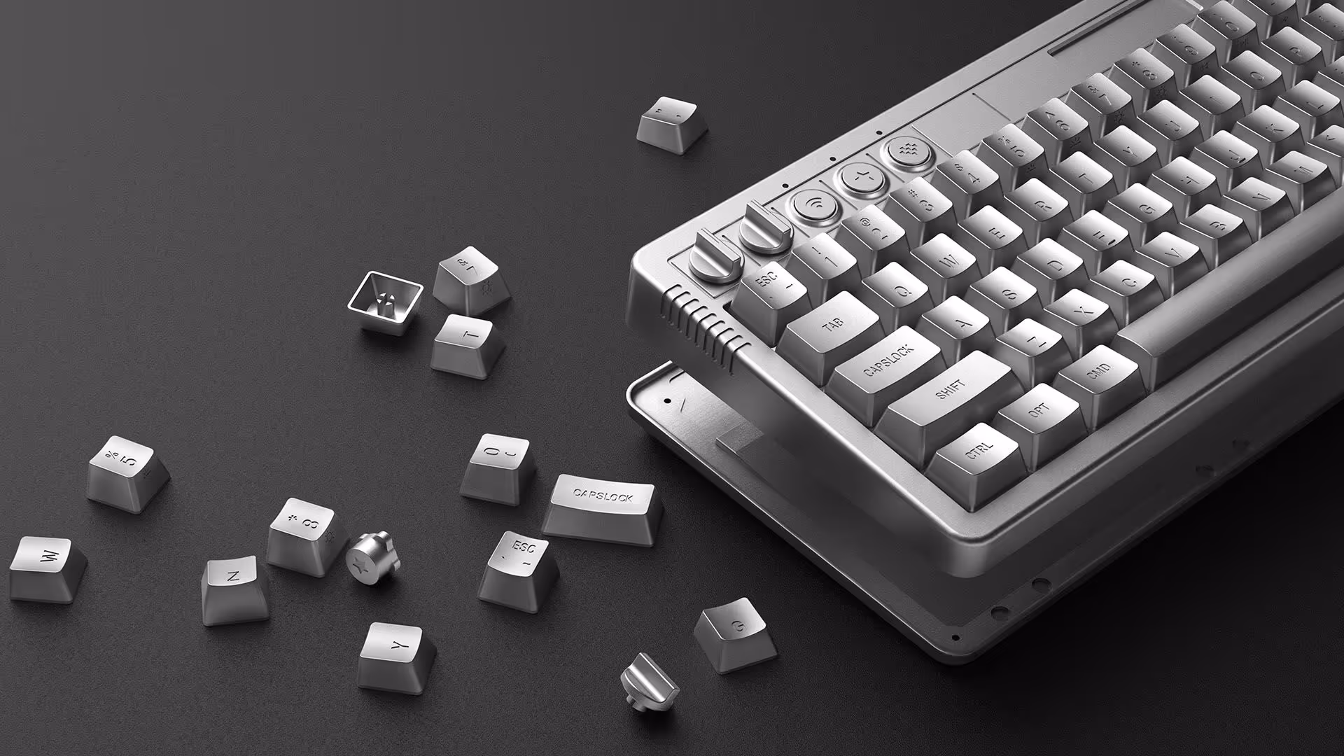 Clavier 8BitDo Retro 68 avec touches détachées sur fond noir.