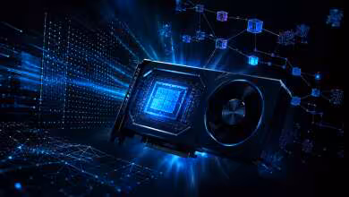 Carte graphique futuriste avec circuits lumineux bleus illustrant le Shader Model 6.10 et les nouvelles fonctionnalités DirectX
