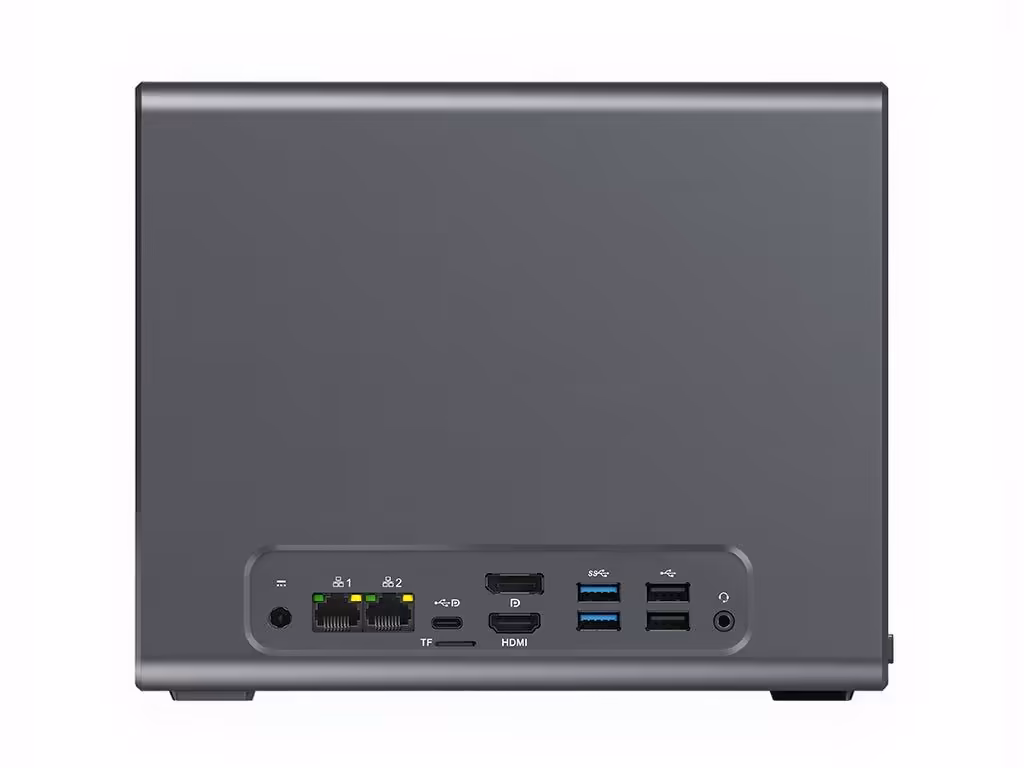 Vue arrière du mini PC ACEMAGIC N3A avec ports USB et HDMI visibles.