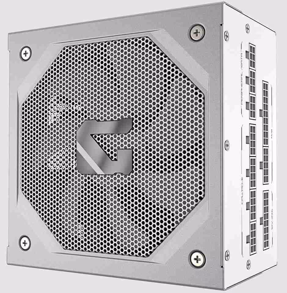 Alimentation Gigabyte Gaming module blanche avec panneau de ventilation en nid d'abeille.