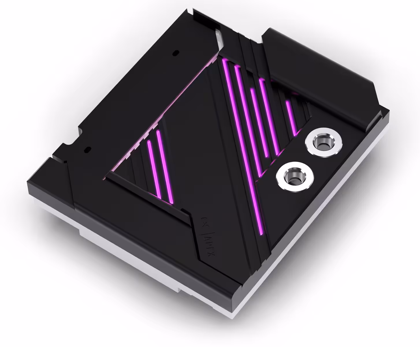 Alphacool Apex Monoblock noir avec éclairage RGB violet.
