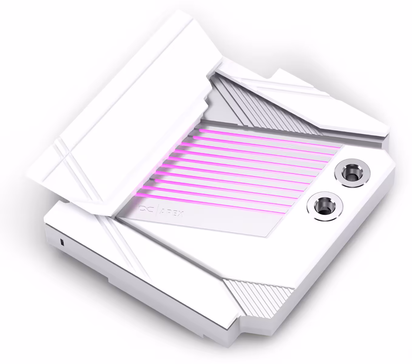 Alphacool Apex Monoblock blanc avec éclairage RGB violet.