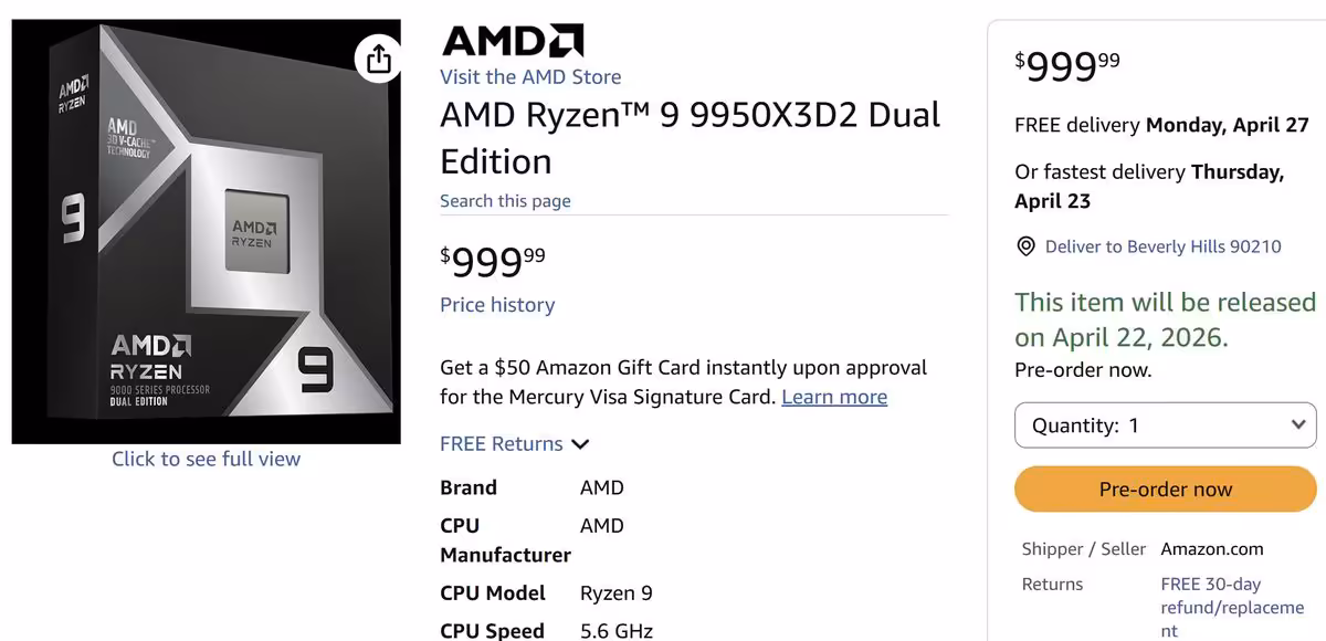 Capture d'écran page Amazon AMD Ryzen 9 9950X3D2, informations texte sur fond blanc