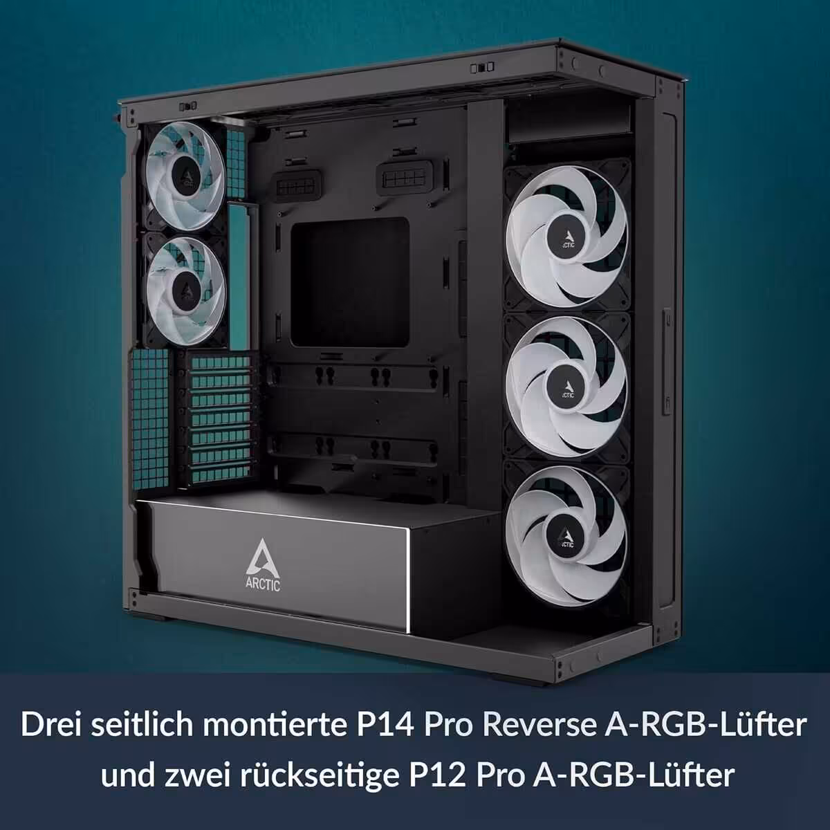 Arctic Xtender Black clear glass : mid-tower spacieux, 5 ventilateurs ARGB et double 420 mm 2 Intérieur du boîtier Arctic avec ventilateurs P14 Pro et P12 Pro A-RGB.