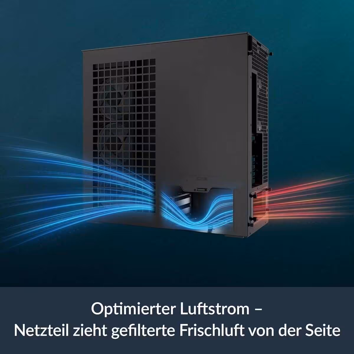 Arctic Xtender Black clear glass : mid-tower spacieux, 5 ventilateurs ARGB et double 420 mm 5 Schéma d'optimisation du flux d'air avec entrée d'air filtrée sur boîtier Arctic.