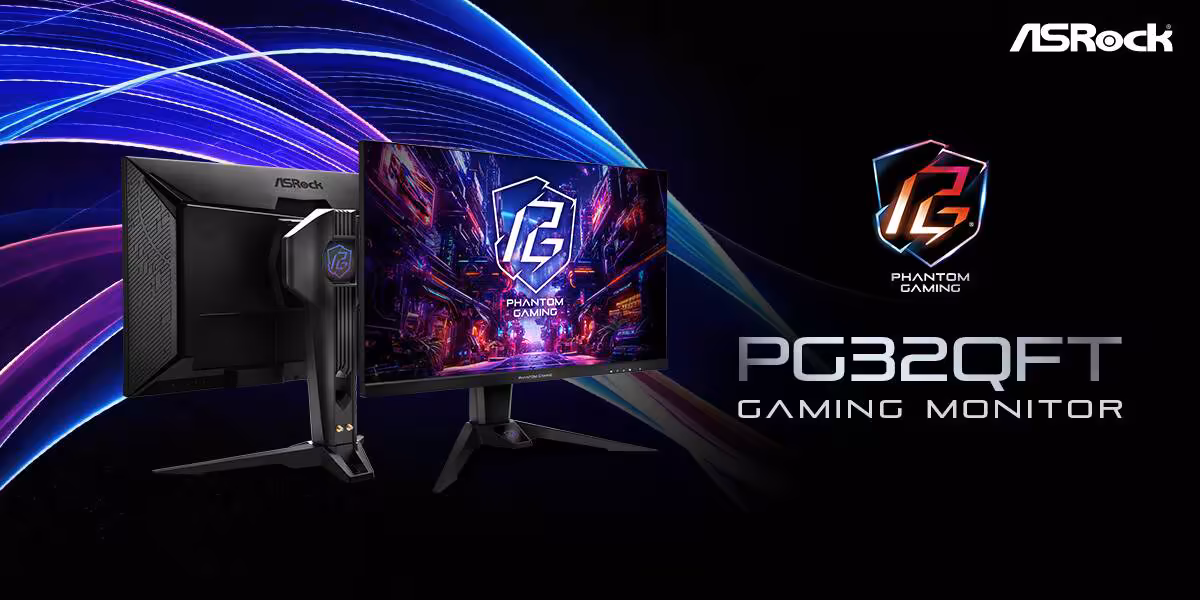 ASRock PG27QFW2A : un écran QHD Fast IPS qui grimpe à 400 Hz pour l'esport 4 Écran ASRock PG32QFT avec design gaming Phantom, logos et effets lumineux.