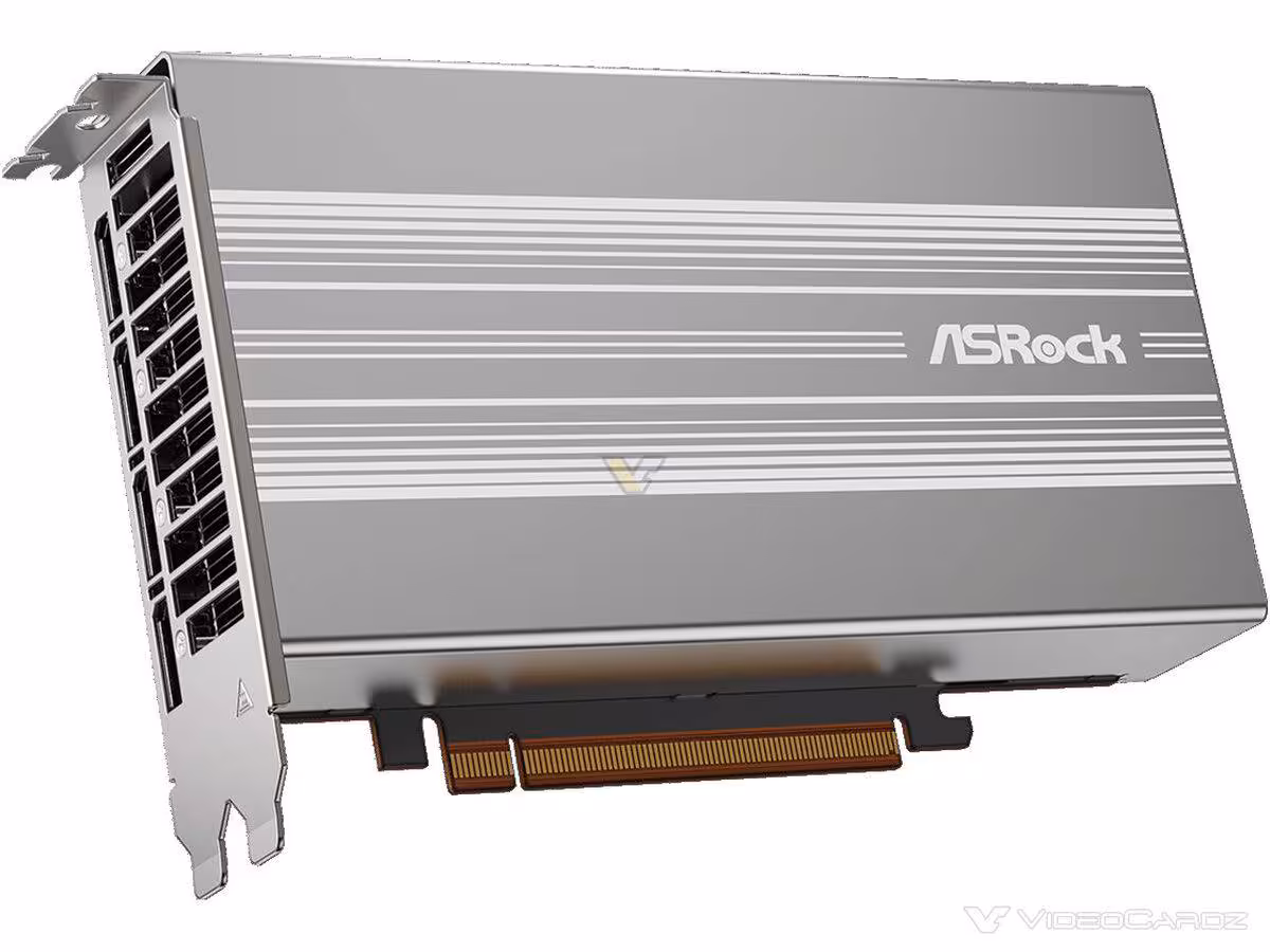 Carte graphique ASRock en profil latéral, design gris, connecteurs visibles