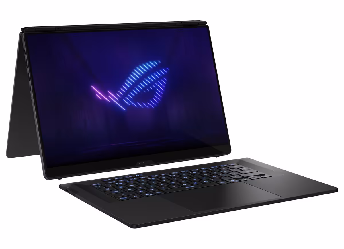 ASUS ROG Zephyrus partiellement plié, logo ROG lumineux sur écran.