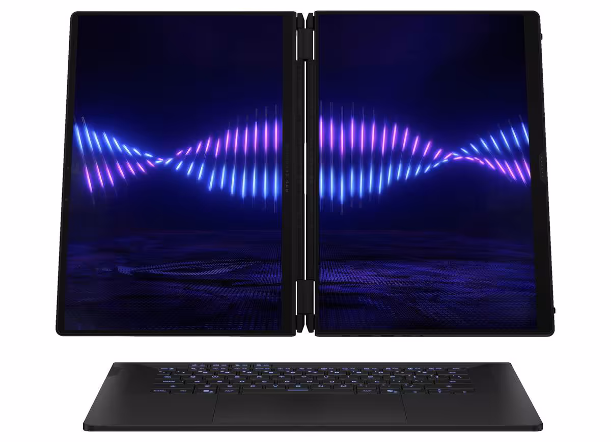 ASUS ROG Zephyrus affichage double écran vertical, motif lumineux ondulé.