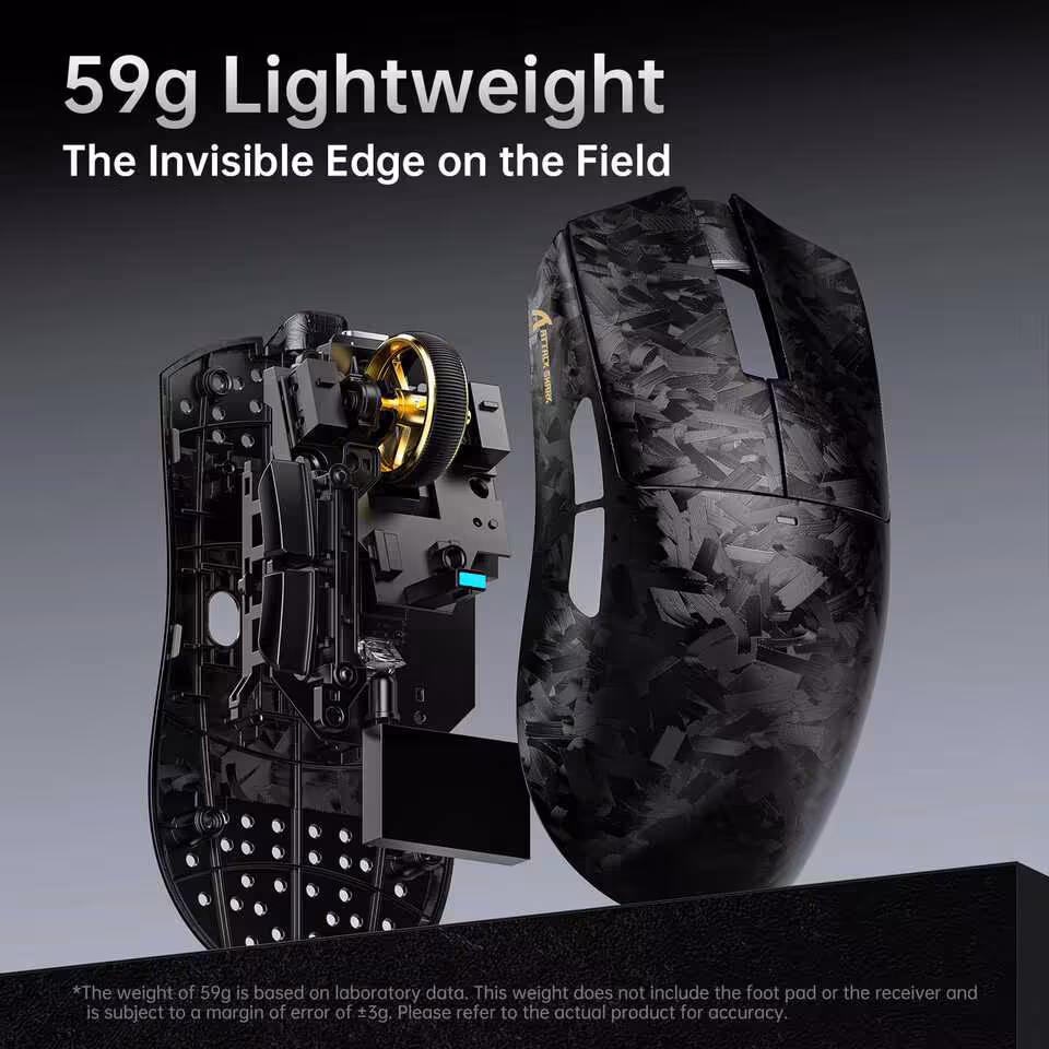 Image intérieure et vue latérale de la souris noire Attack Shark X11 ULTRA, poids de 59g affiché.