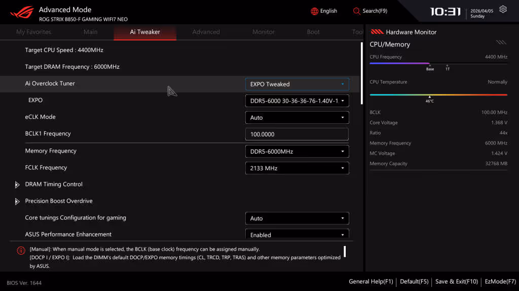 bios rog strix b850 f gaming wifi7 neo ai tweaker