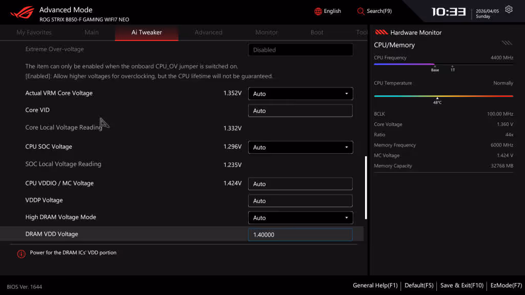 bios rog strix b850 f gaming wifi7 neo voltage tuning 01
