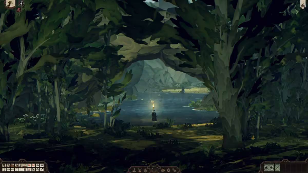 Personnage avec lanterne dans une forêt dense et sombre au bord d'un lac.