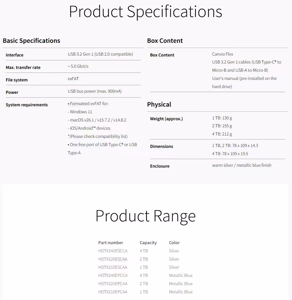Spécifications produit et contenu de la boîte du Toshiba Canvio Flex.