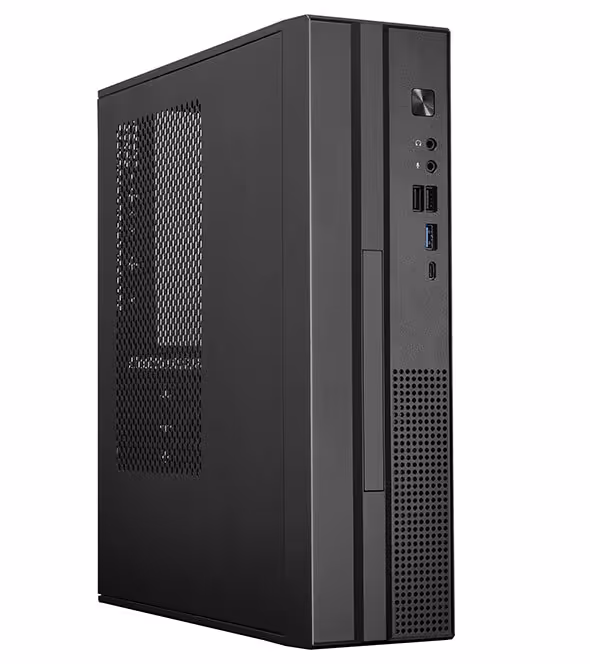 Chieftec DT-10B-300 : boîtier SFF microATX 8 L avec PSU 300 W 80 Plus Bronze 2 Boîtier Chieftec DT-10B-300 microATX noir, vue latérale avec panneau ventilé.
