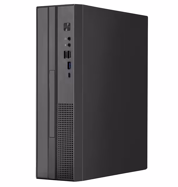Chieftec DT-10B-300 : boîtier SFF microATX 8 L avec PSU 300 W 80 Plus Bronze 6 Boîtier Chieftec DT-10B-300, vue frontale avec ports USB visibles.