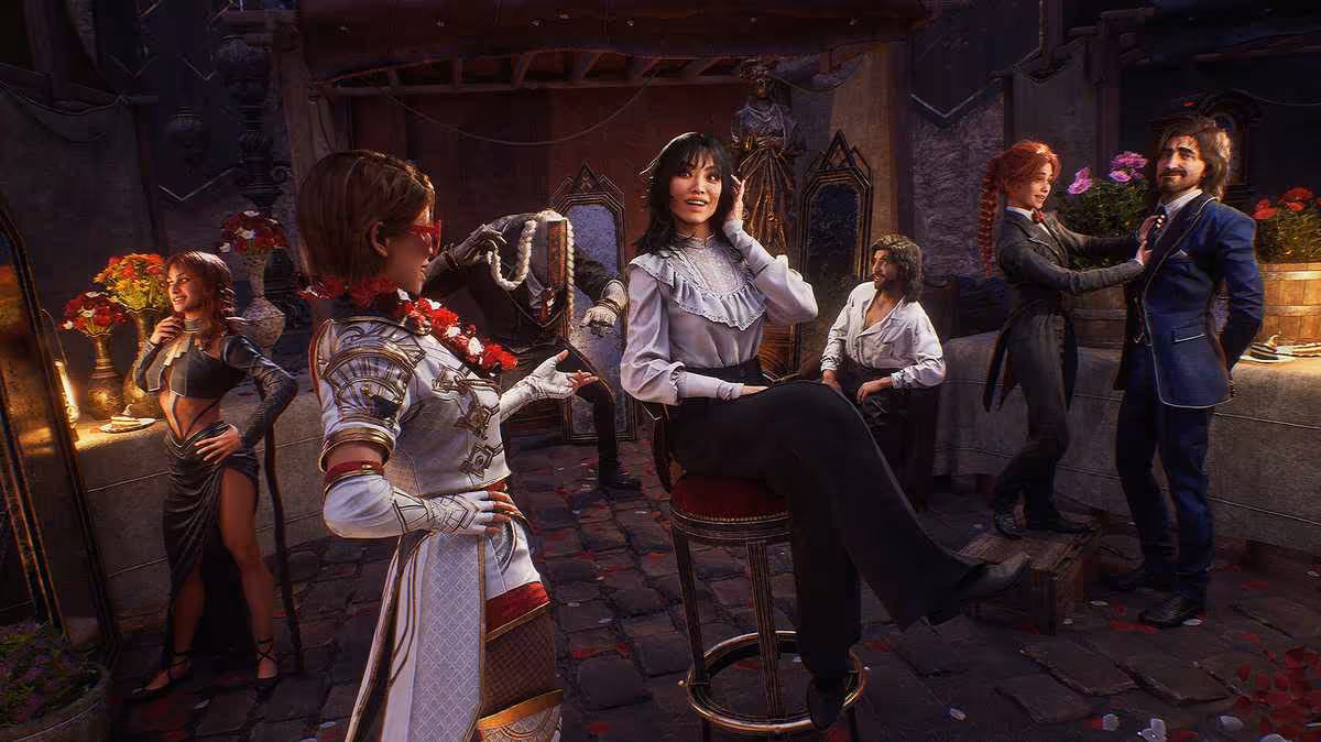 Scene depicting characters in a lively indoor setting with a focus on social interaction.