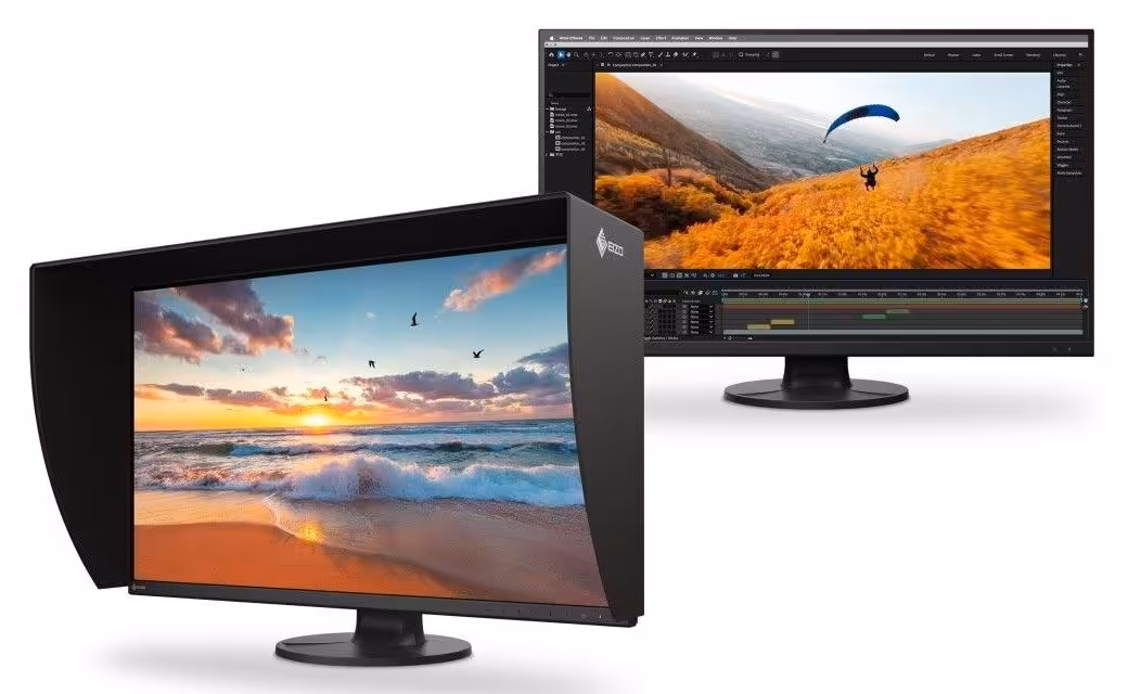 Moniteur EIZO ColorEdge CS3200X affichant paysage et interface de montage.