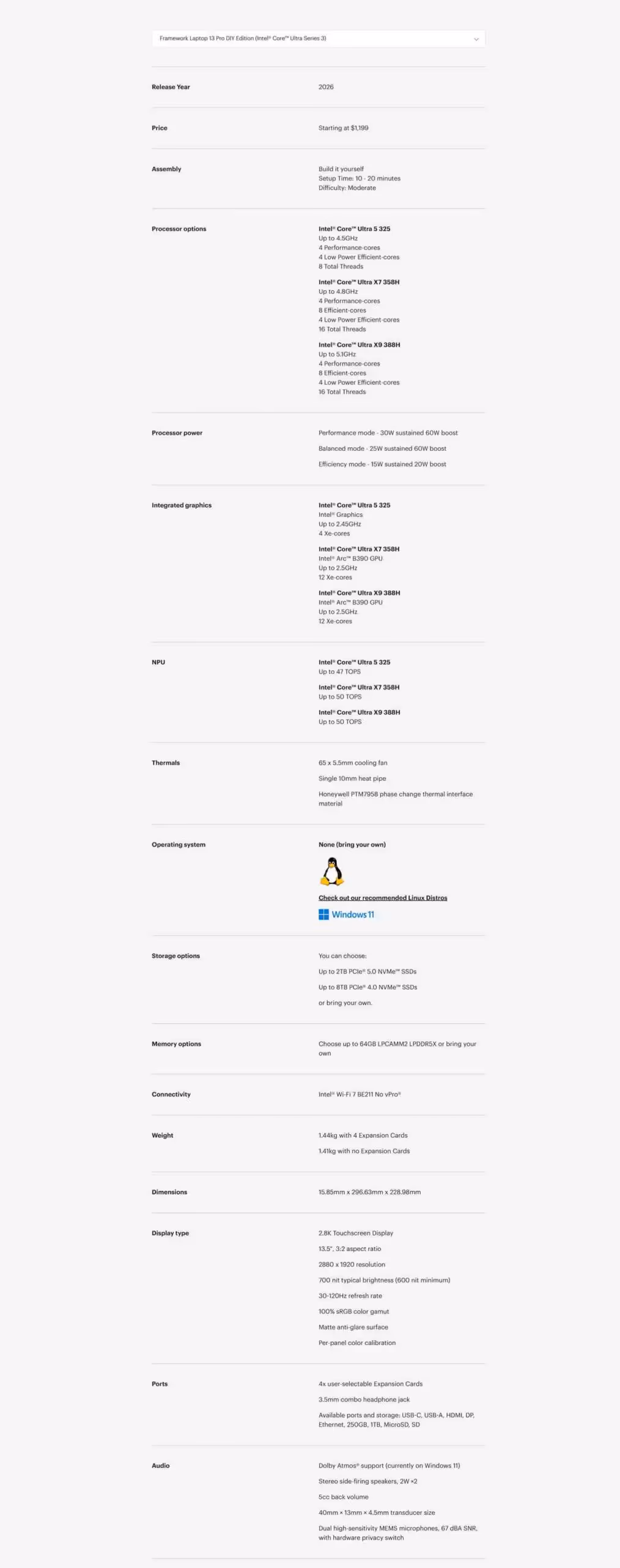 Framework Laptop 13 Pro : Core Ultra Series 3, LPCAMM2 et batterie en forte hausse