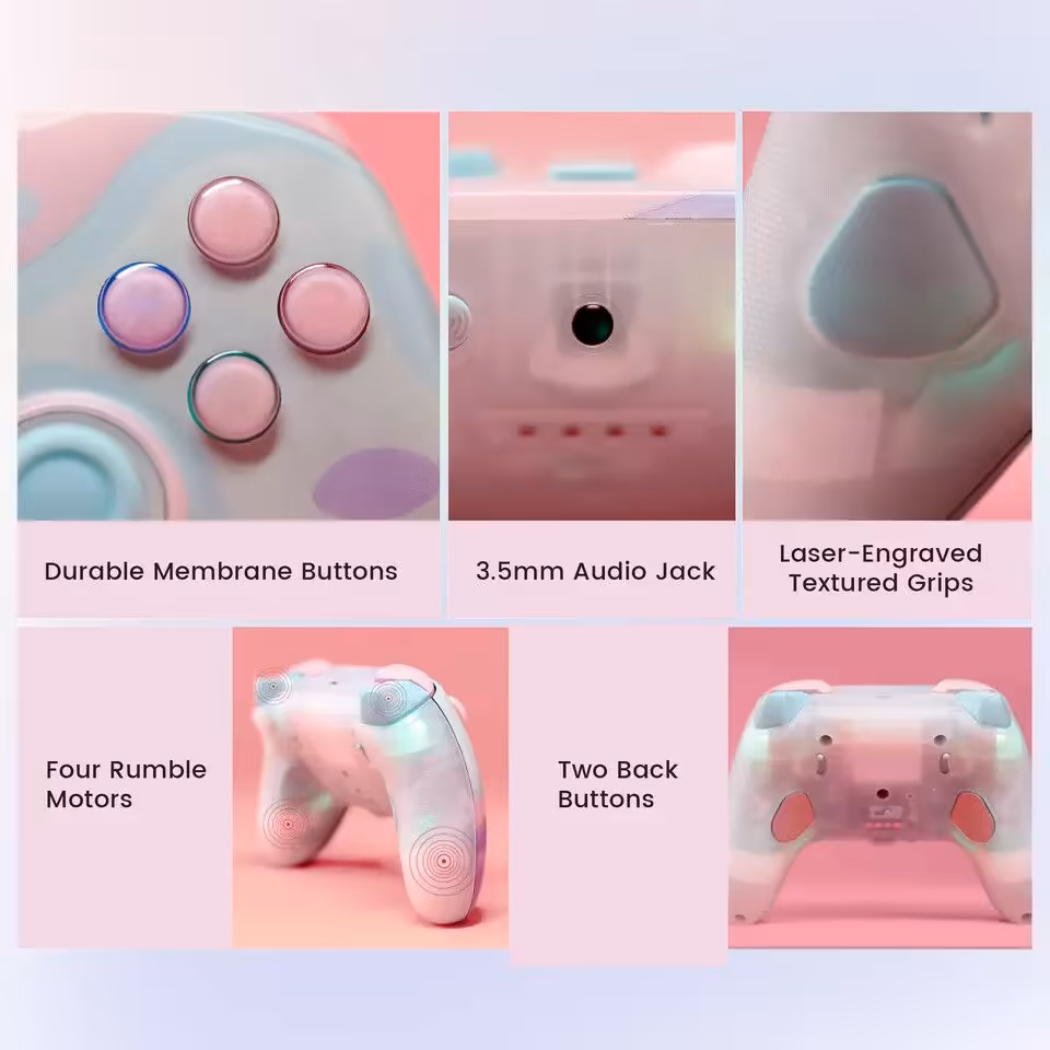 Collage montrant les caractéristiques de la manette GameSir T7 Pro Sugar Whirl, y compris boutons et prises.