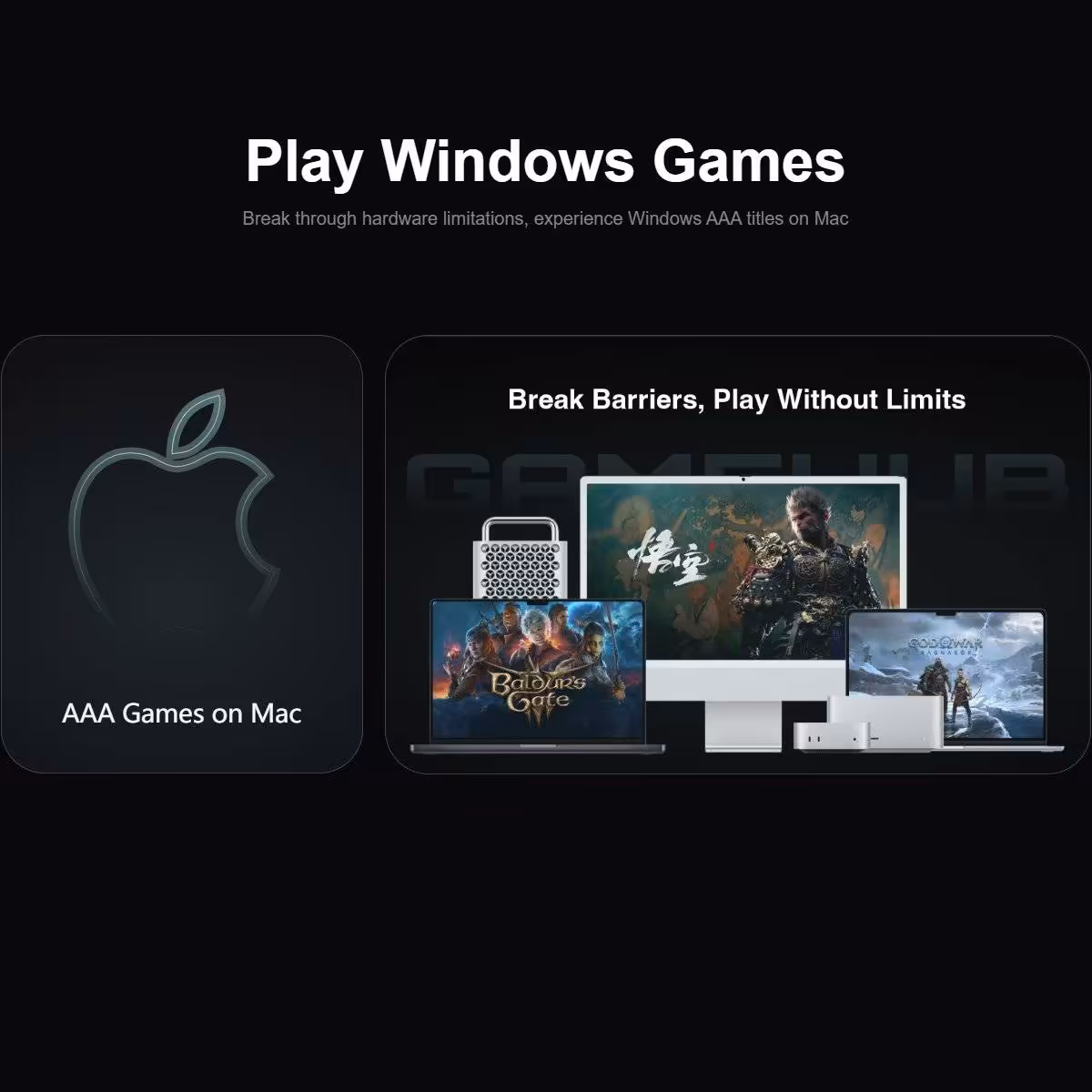 Logo Apple avec images jeux connus, texte 
