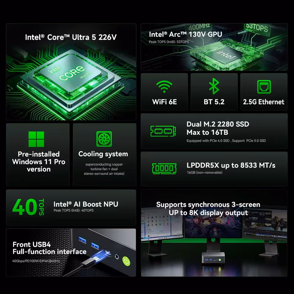 Graphique des spécifications Intel Core Ultra 5 226V avec GPU Intel Arc et autres caractéristiques.