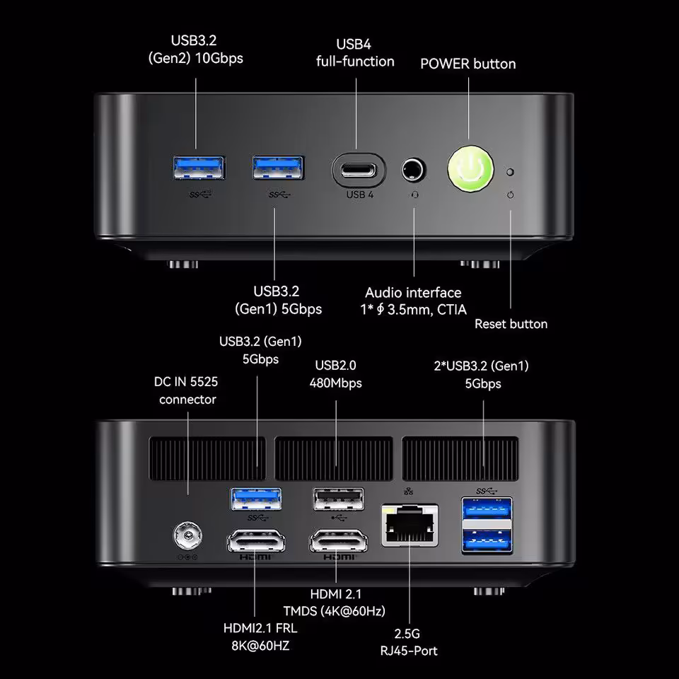 Vue arrière du GMKtec NucBox K17 montrant divers ports et connecteurs.