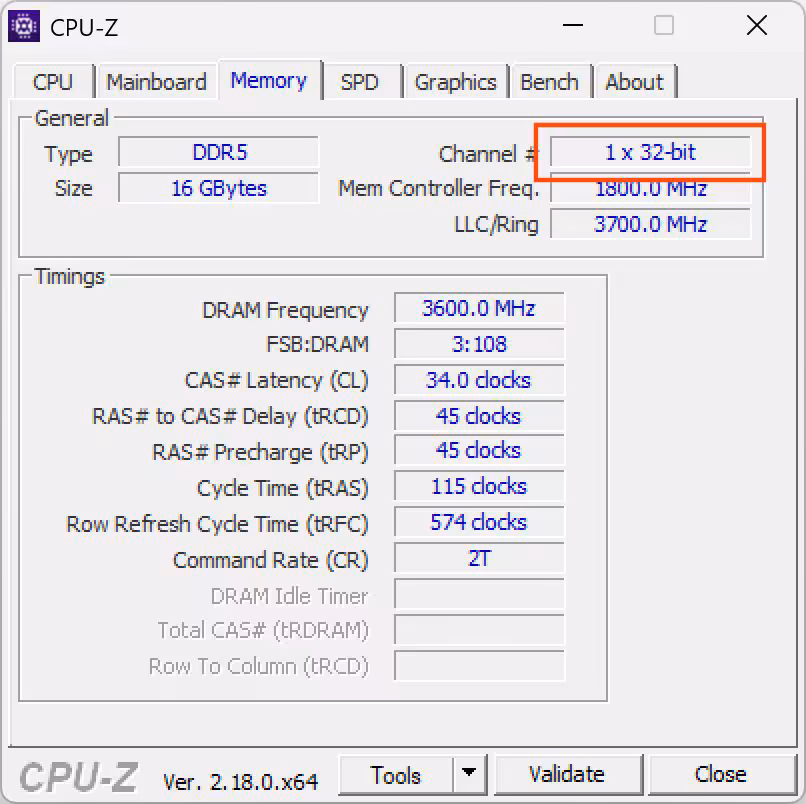 Capture CPU-Z montrant la configuration mémoire 32-bit.